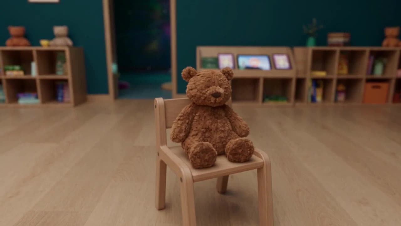 Concept render: a plush bear sitting on a small wooden chair in a classroom