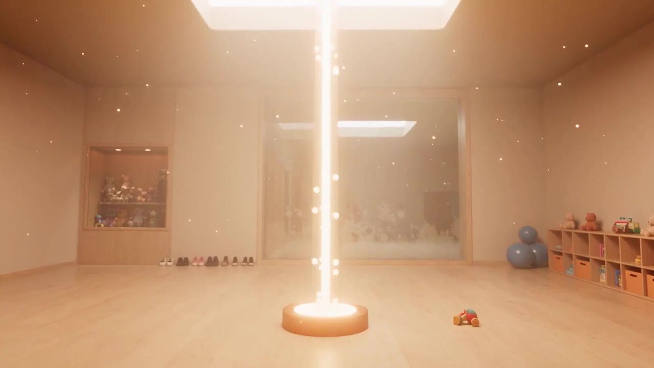 Concept render: a warm classroom with a central column of light and shelves of toys, representing every room reporting to one record