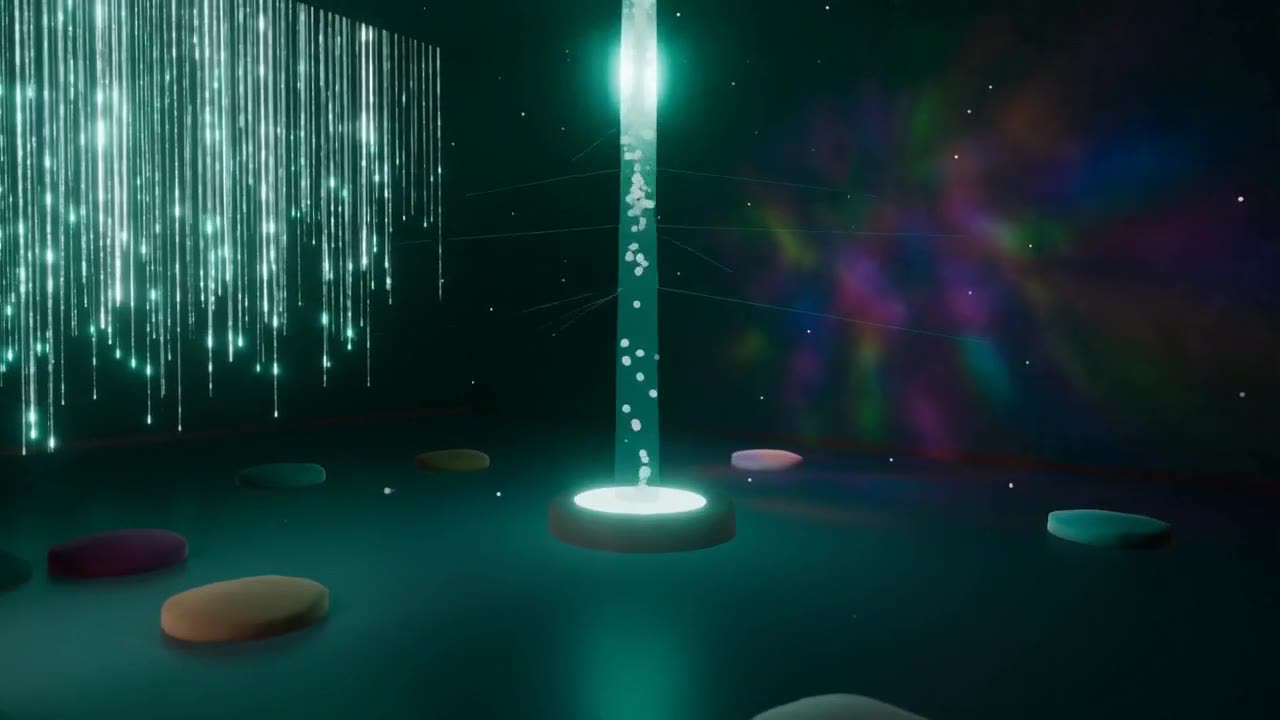 Concept render: columns of light rising from glowing points on a dark floor, representing devices reporting into one place