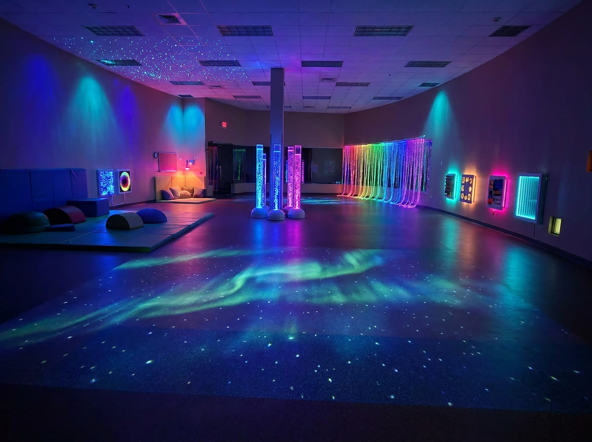 Concept render of a sensory room: bubble tubes, a fibre-optic curtain, floor projection and soft seating under a starfield ceiling